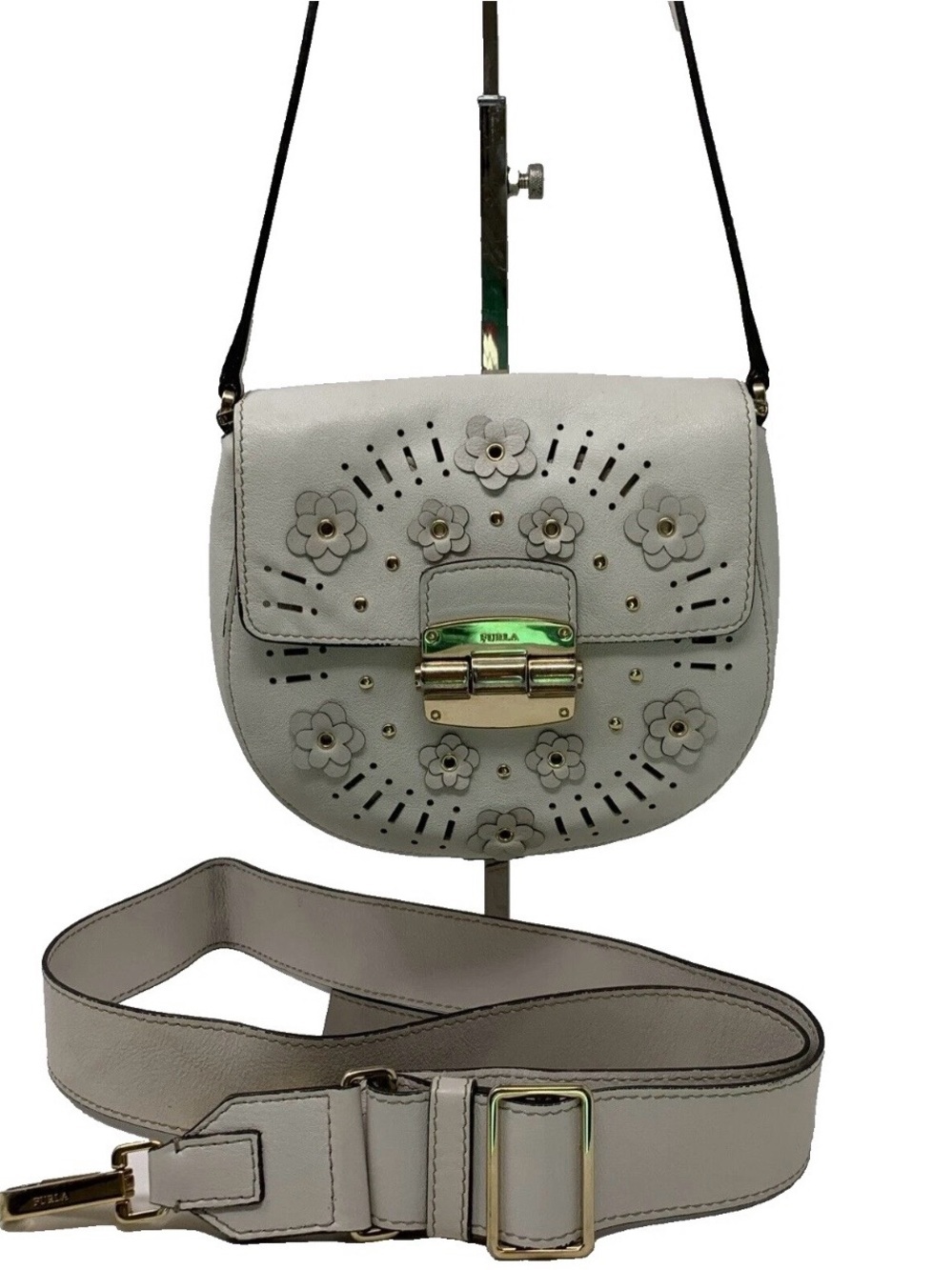 Furla Club Floral Mini Crossbody Bag Cream Leather Top Handle Italian EUC